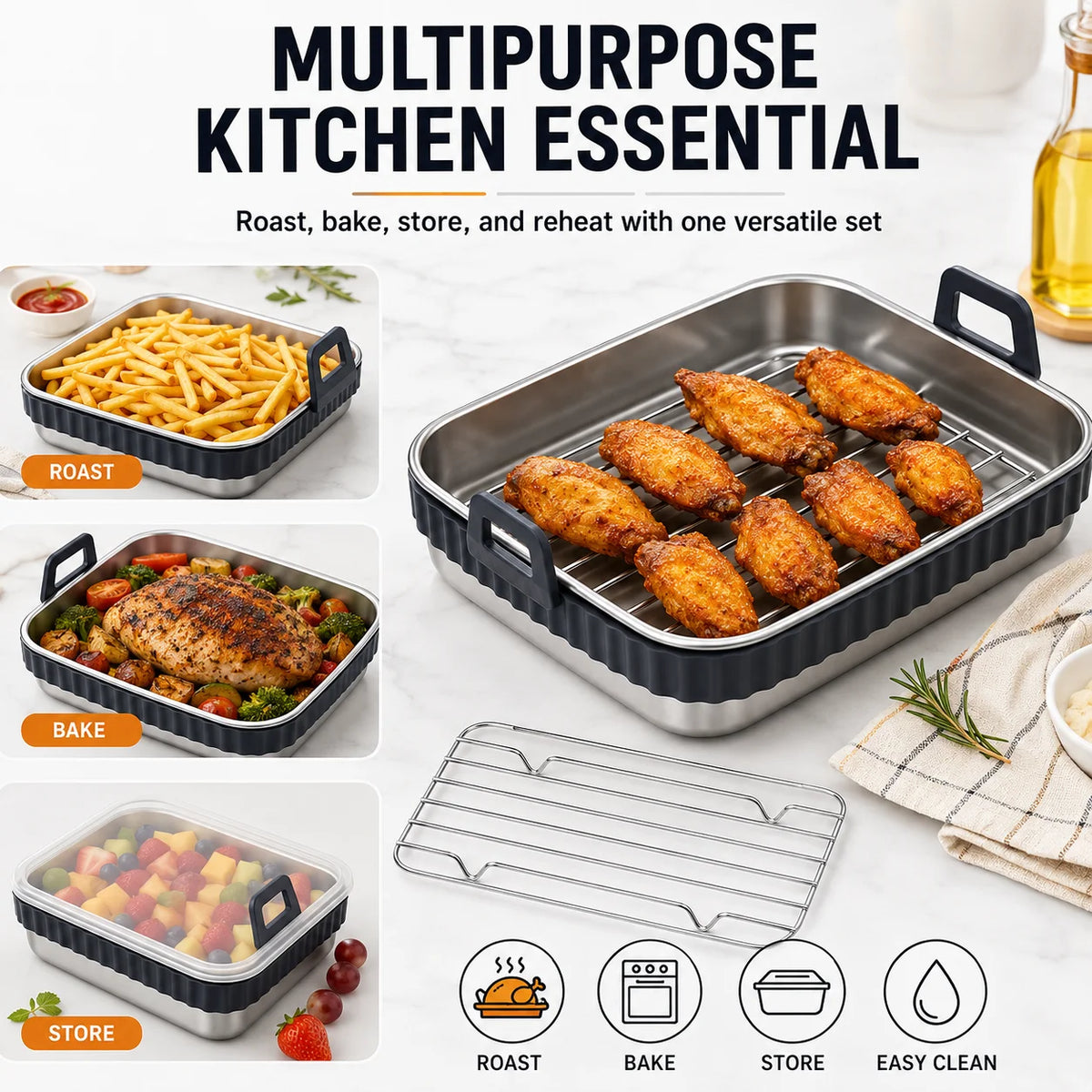 Stainless Steel Air Fryer Roasting Pan Set with Rack & Lid Roasting Pan Set Axl
