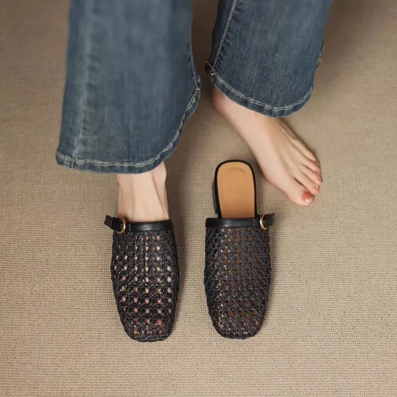 Women's Woven Square Toe Slippers – Breathable Summer Mules Women's Slippers Axl 36 black