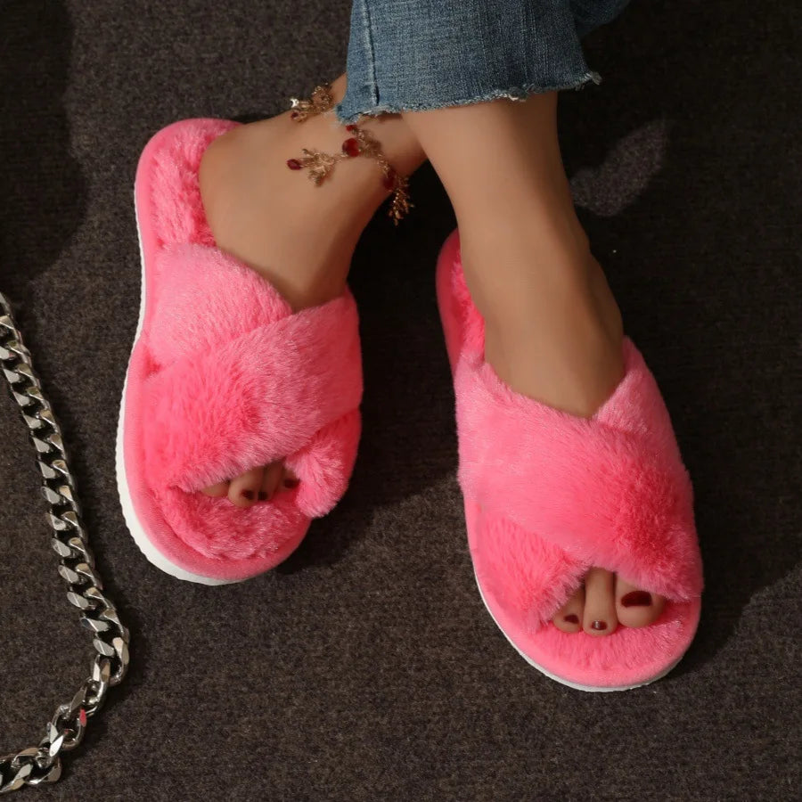 Women's Fluffy Open-Toe Fur Slides – Cozy Indoor Slippers Fur Slide Slippers Axl rose Red 40-41