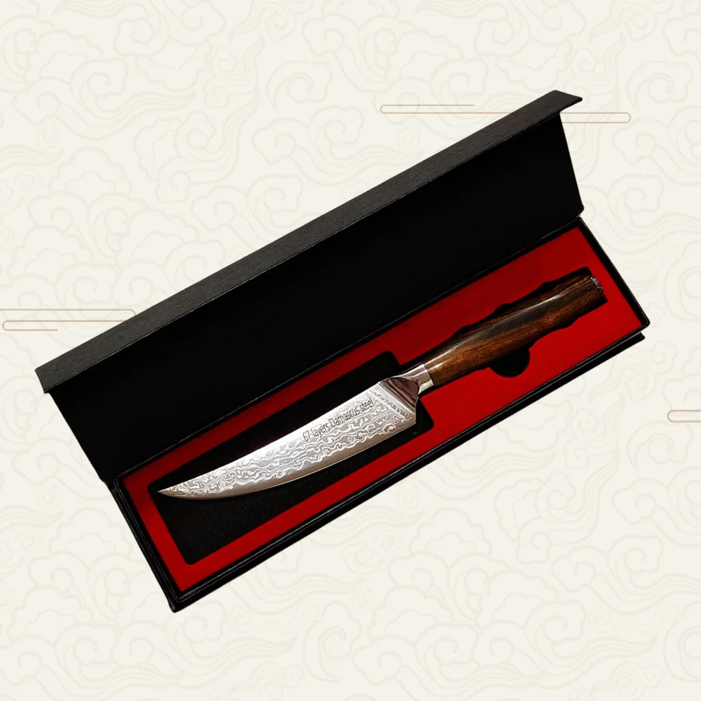5" Damascus Steel Steak Knife – VG10 Blade & Ebony Handle Damascus Kitchen Knife Axl Gift Box Packaging