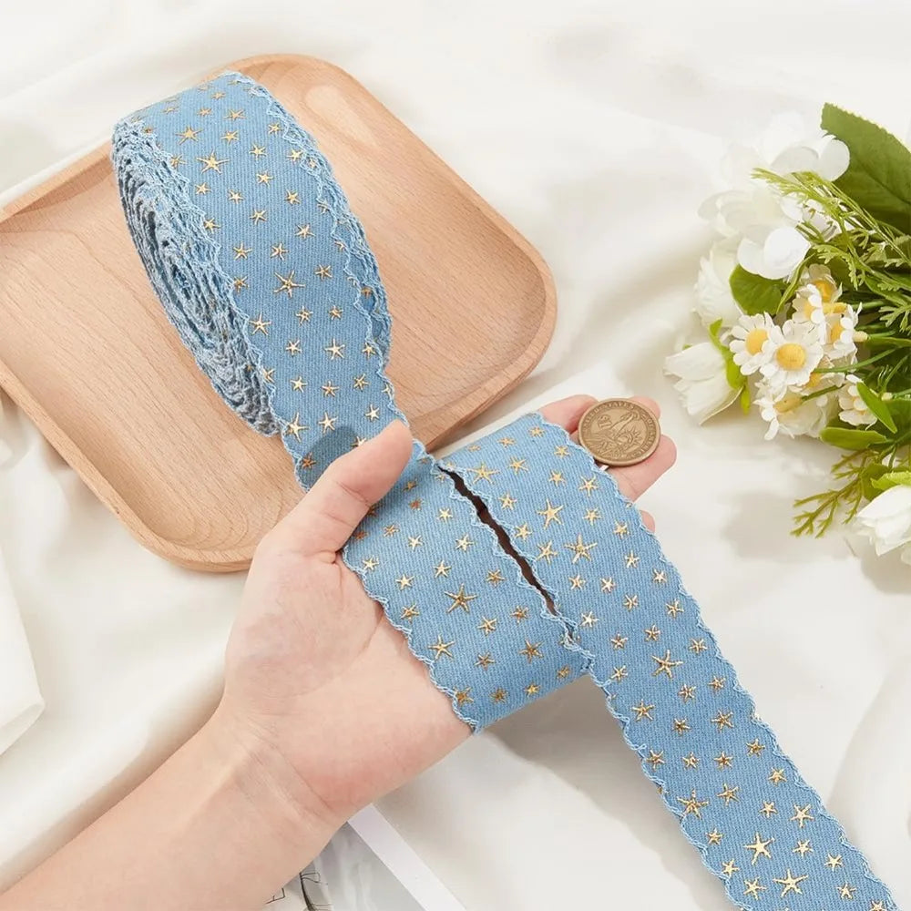 14.29 Yards Star Polyester Ribbon – Light Blue Gold 40mm Craft Ribbon Axl