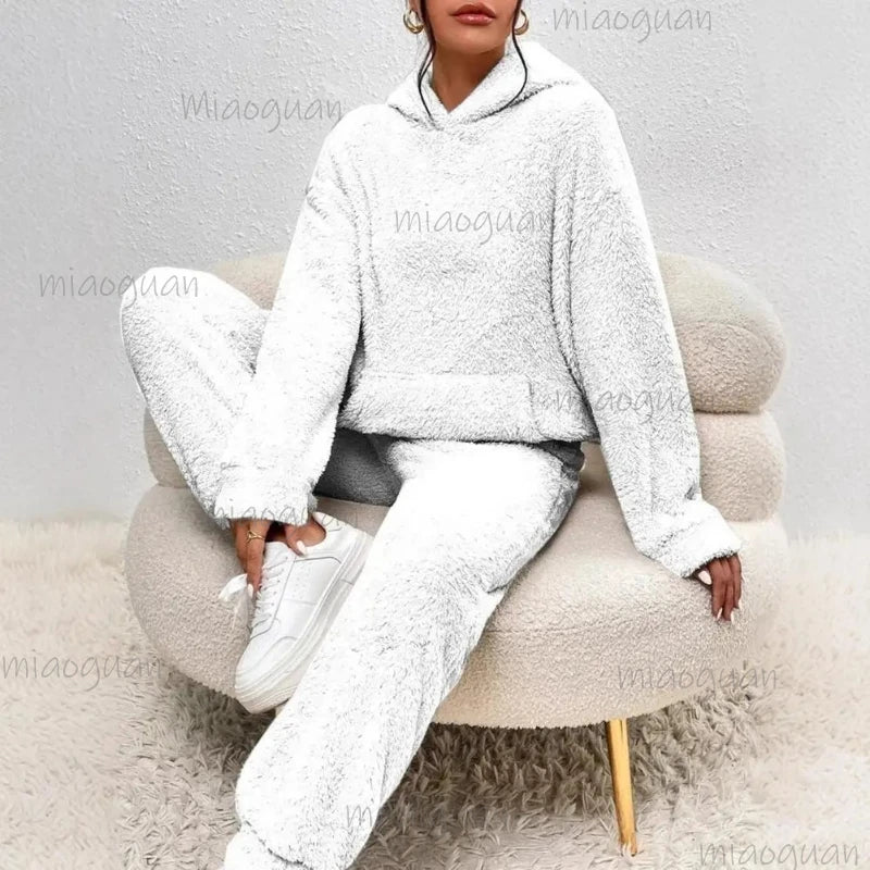 Women's Fuzzy Fleece Pajama Set – Plush Hoodie & Lounge Pants Women's Pajama Set Axl White XS