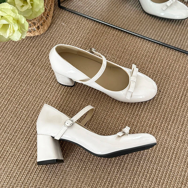 Butterfly-Knot Mary Jane Pumps | Women's Lolita Square Heels Mary Jane Pumps Axl Beige 36