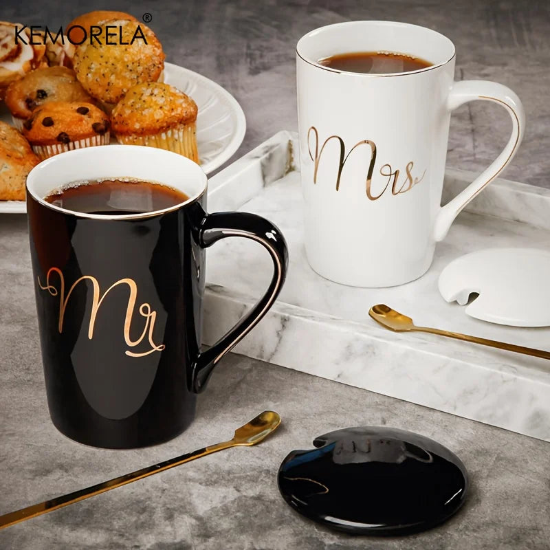 Golden Ceramic Coffee Mug Set with Lids & Spoons 400ml | 2-Pack Ceramic Mug Set Axl