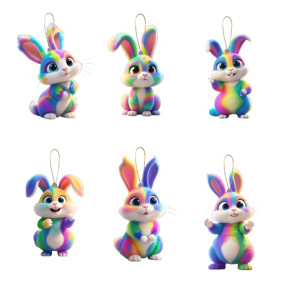 6-Pack Rainbow Bunny Hanging Ornaments – Cartoon Rabbit Figurines Holiday Ornaments Axl