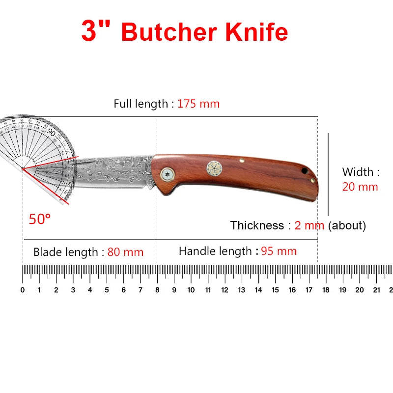 Damascus Steel Folding Knife – Red Sandalwood Handle, 8" Blade Folding Kitchen Knife Axl