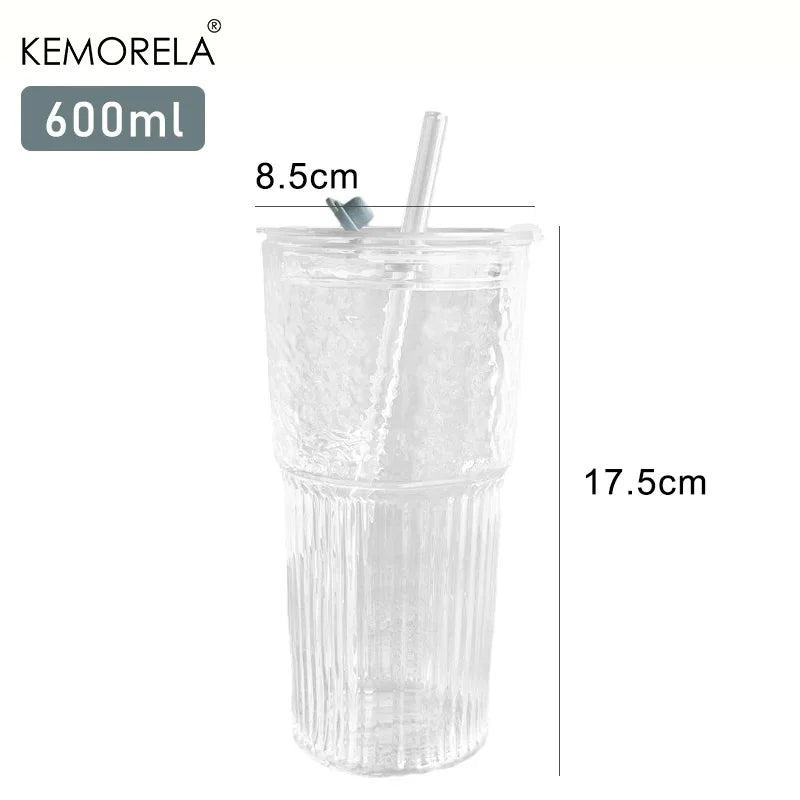 KEMORELA 600ml Stripe Glass Cup with Lid & Straw | 1-2 Pack Glass Tumbler Set Axl 1PCS 301-400ml
