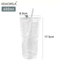 KEMORELA 600ml Stripe Glass Cup with Lid & Straw | 1 or 2 Pack Glass Drinkware Set Axl 1PCS 600ml