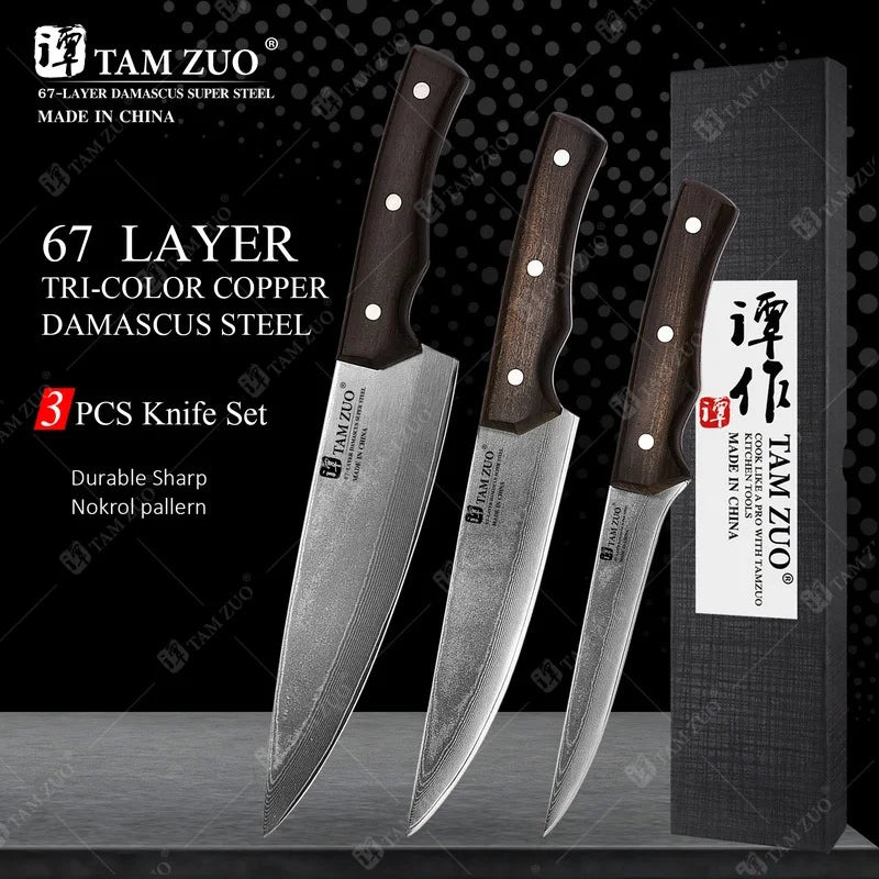 TAMZUO 67-Layer Damascus Steel Chef Knife | Japanese Kitchen Knife Damascus Chef Knife Axl 3PCS
