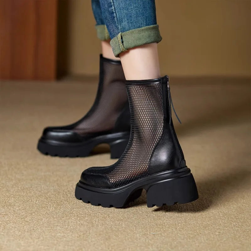 Women's Platform Mesh Sandal Boots – Chunky Heel & Back Zipper Women's Sandal Boots Axl