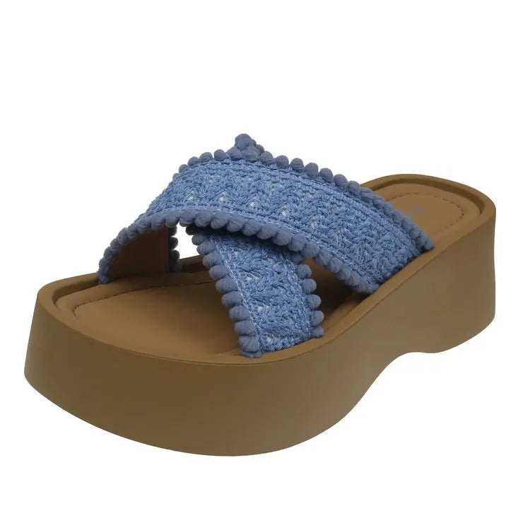 Woven Chunky Platform Sandals – Bohemian Cross-Strap Beach Heels Platform Sandals Axl Blue 35