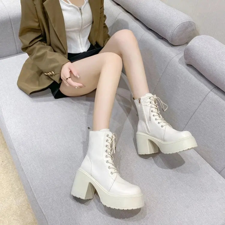 Women's Waterproof Platform Lace-Up Ankle Boots 9cm Heel Platform Ankle Boots Axl beige 35