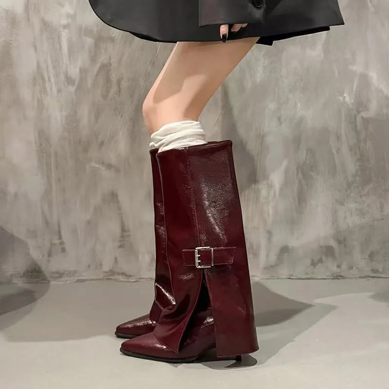 Women's Stiletto Pointed Toe Mid-Calf Boots – Retro Knight Style Stiletto Heeled Boots Axl
