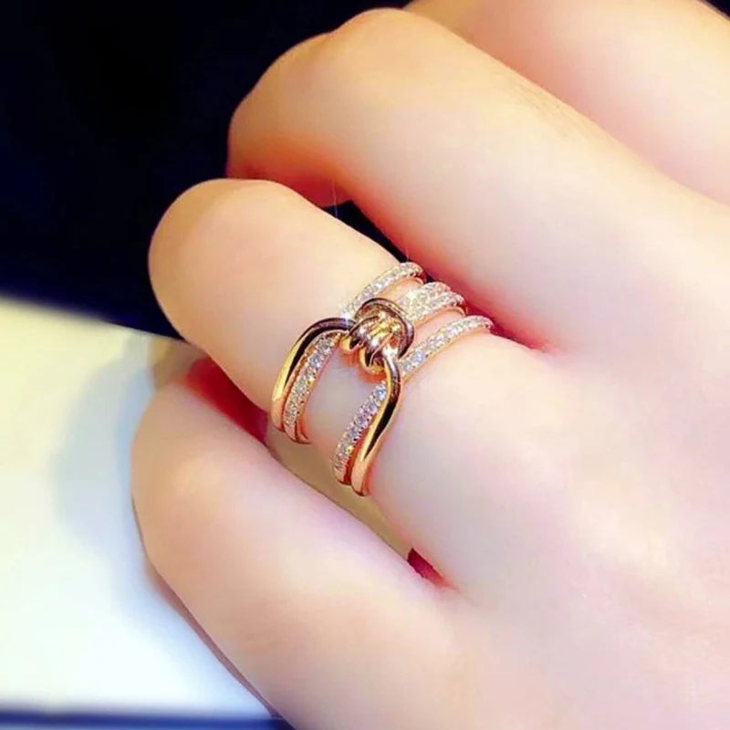 Huitan Gold Knot CZ Ring – Women's Statement Party Jewelry Fashion Statement Ring Axl