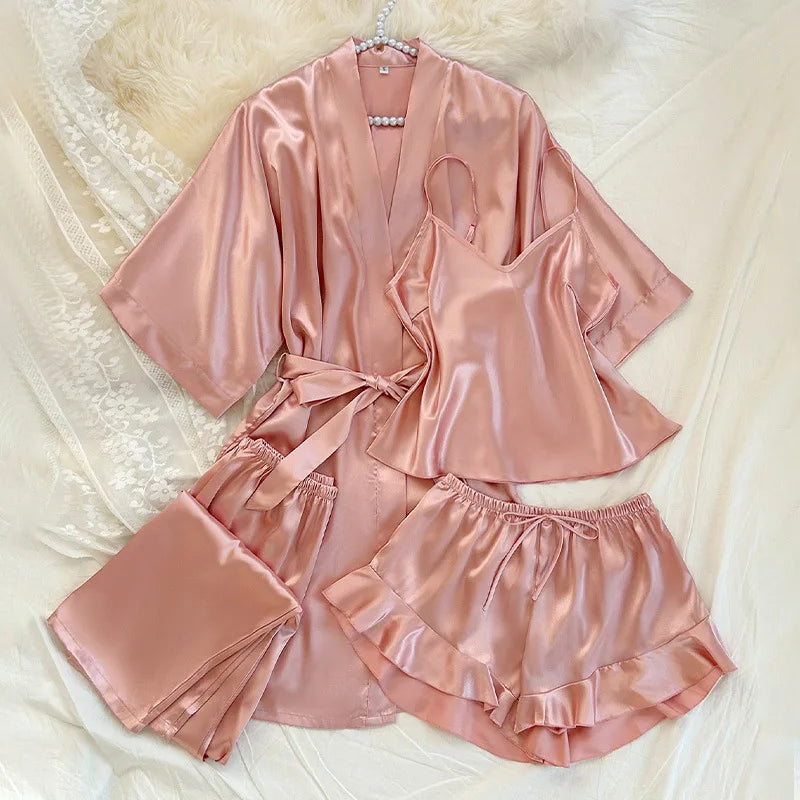 Women's 4-Piece Satin Kimono Pajama Set – Silky Loungewear Pajama Set Axl Pink Robe Set S