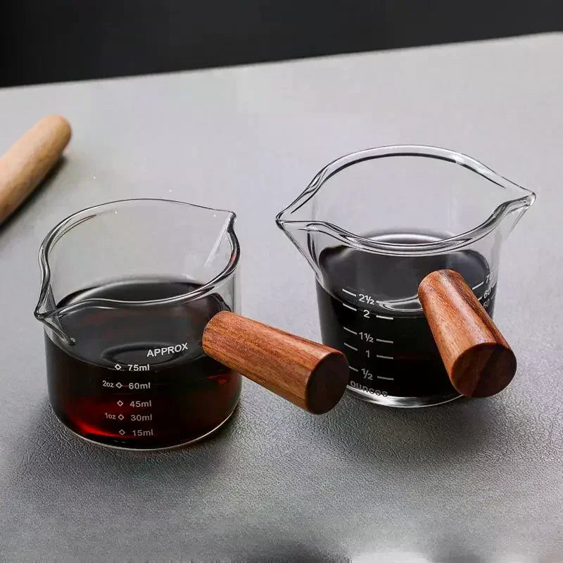 Glass Espresso Measuring Cup with Wood Handle | ml & oz Espresso Measuring Cup Axl