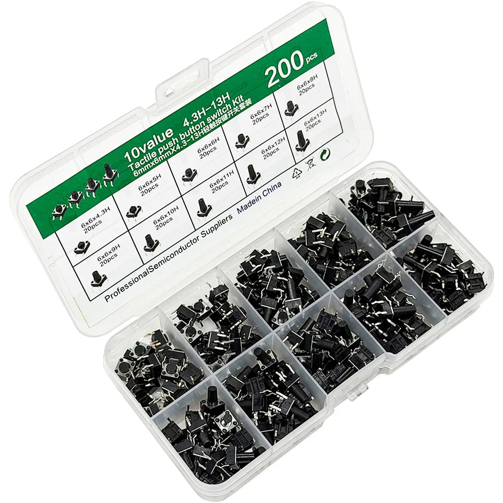 200PCS 6x6mm Micro Tactile Push Button Switch Kit – 10 Types Tactile Switch Kit Axl