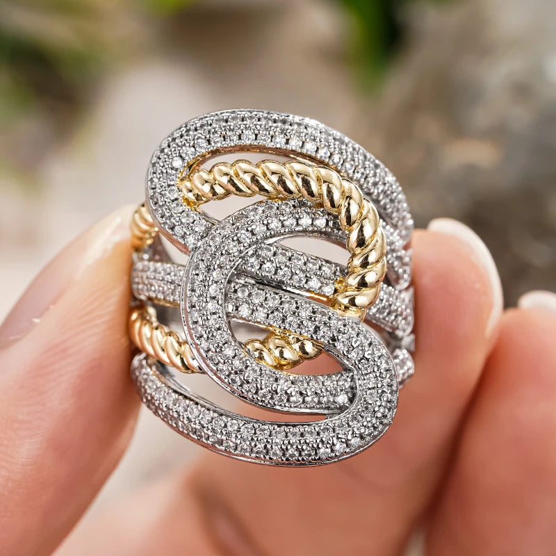 Huitan Two-Tone CZ Cross Ring – Wide Band Women's Jewelry Fashion Ring Axl