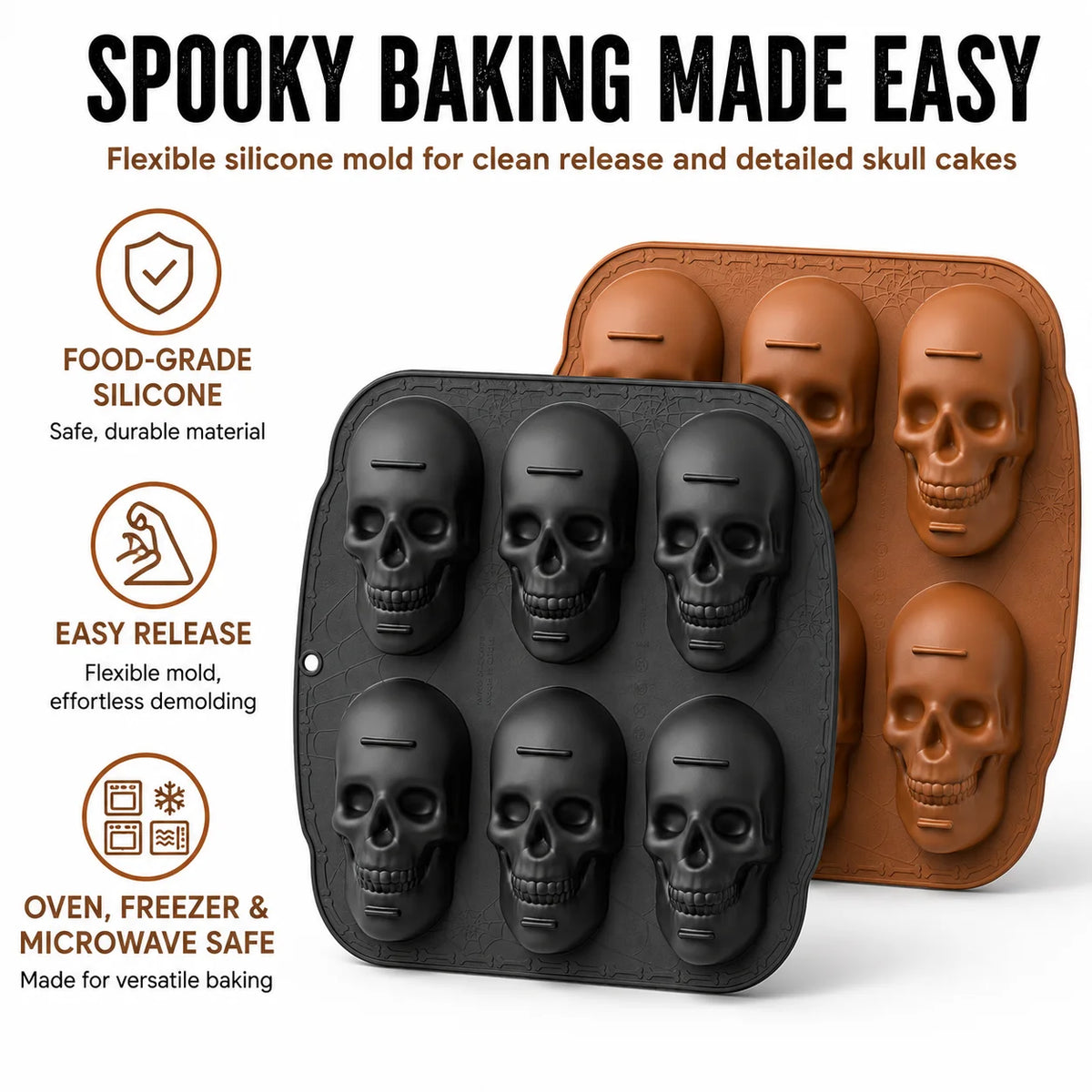 6-Cavity Skull Silicone Baking Mold | Halloween Cake & Chocolate Pan Silicone Baking Mold Axl