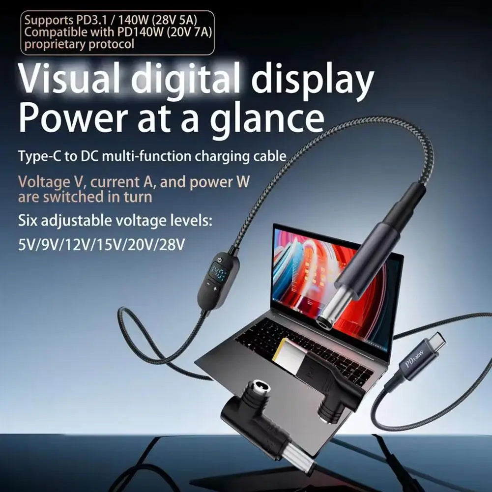 USB-C to DC PD 140W Adapter Cable – Adjustable Voltage Display Power Adapter Cable Axl