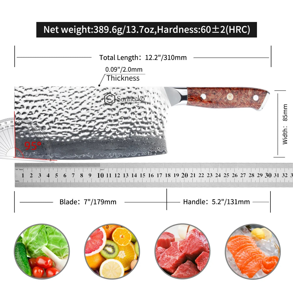 Sunnecko 7" Damascus Cleaver Knife – VG10 Steel Core, 73 Layers Damascus Cleaver Knife Axl