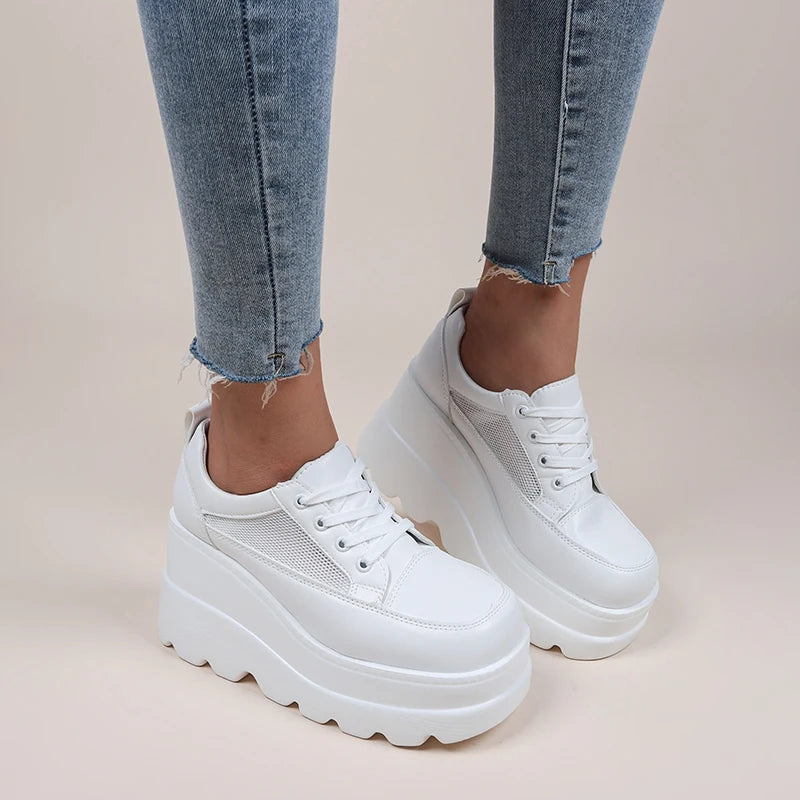Women's White Wedge Platform Sneakers – Leather Chunky Pumps Wedge Platform Pumps Axl