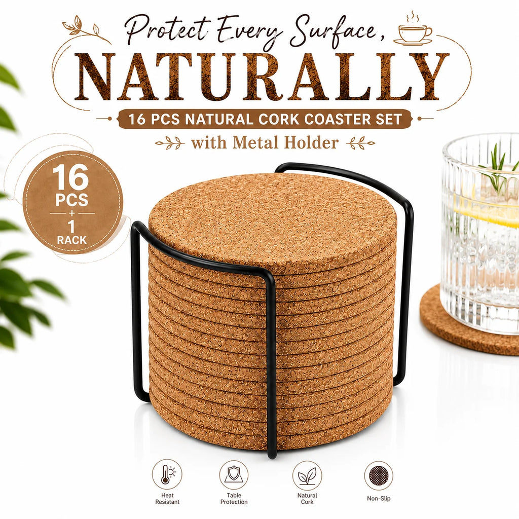 16-Pack Natural Cork Coasters with Holder – Heat Resistant Cork Coaster Set Axl