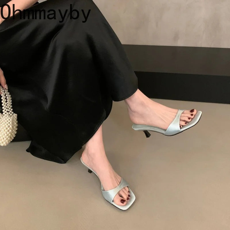 Women's Open Toe Silk Slide Slippers – Elegant Low Heel Mules Slide Slippers Axl