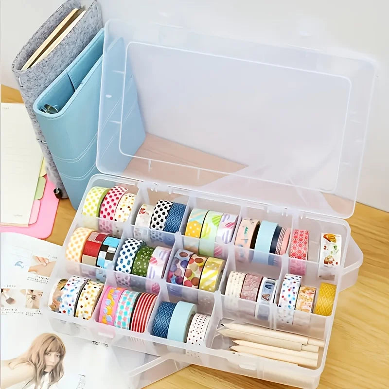 15-Compartment Clear Plastic Washi Tape Organizer Box Tape Storage Organizer Axl