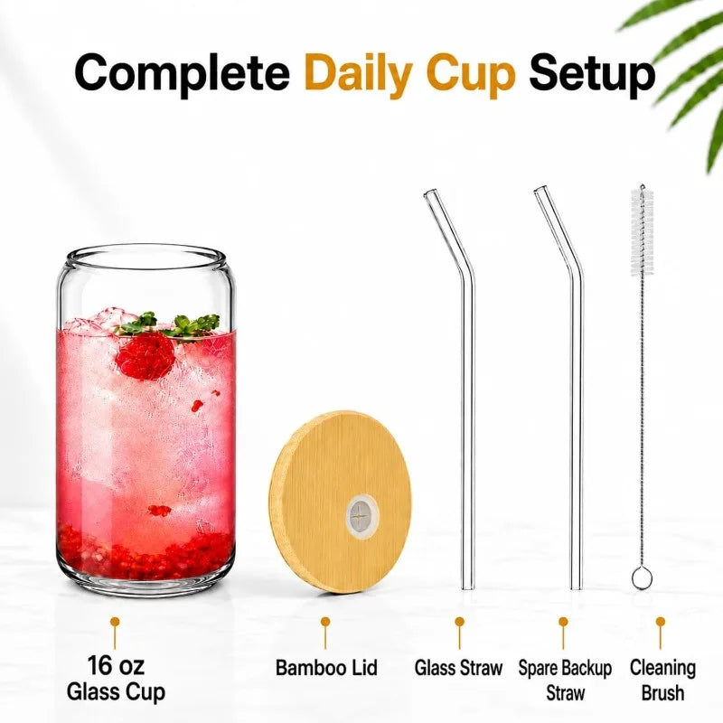 KEMORELA 470ml Glass Cup with Lid & Straw | Bubble Tea Mug Glass Drinkware Set Axl