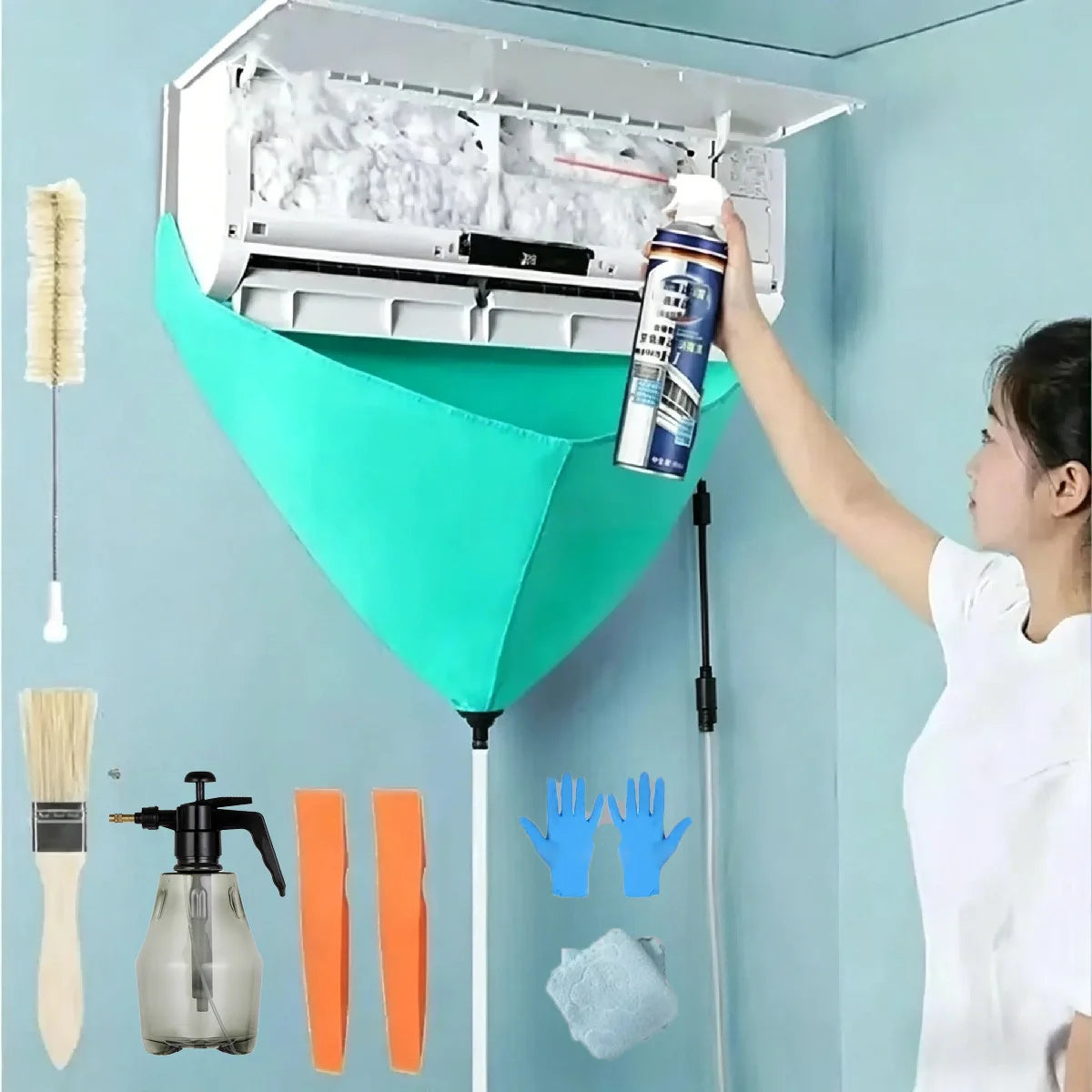 AC Cleaning Kit – Leak-Proof Cover, Brushes & Water Pipe Set AC Cleaning Kit Axl