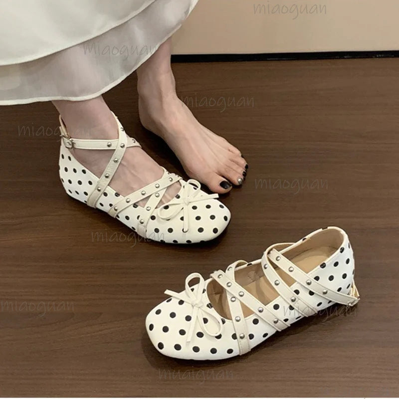 Women's Polka Dot Mary Jane Flats | Square Toe Bow Buckle Mary Jane Flats Axl