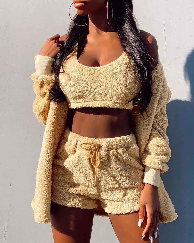 Women's 3-Piece Velvet Fleece Pajamas Set – Crop Top Shorts Coat Women's Pajamas Set Axl apricot XXL