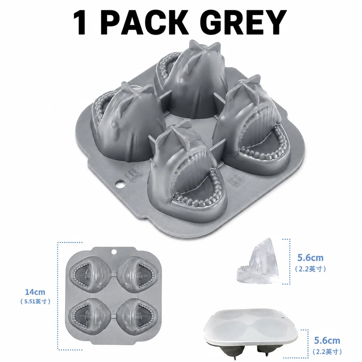 3D Shark Silicone Ice Cube Mold – Large Slow-Melt Ice Maker Ice Cube Mold Axl 1 Pack Grey