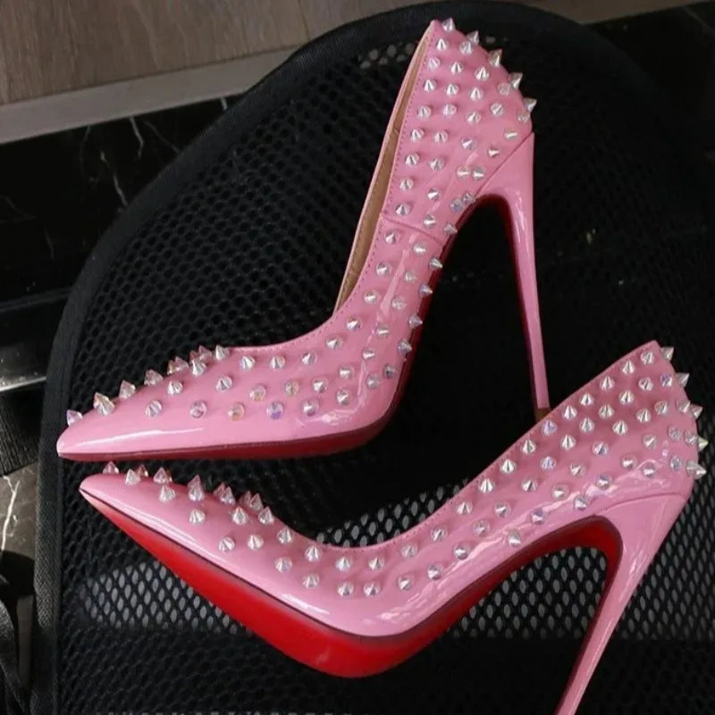 Women's Pink Studded High Heels – Rivet Pointed Toe Pumps Studded High Heels Axl