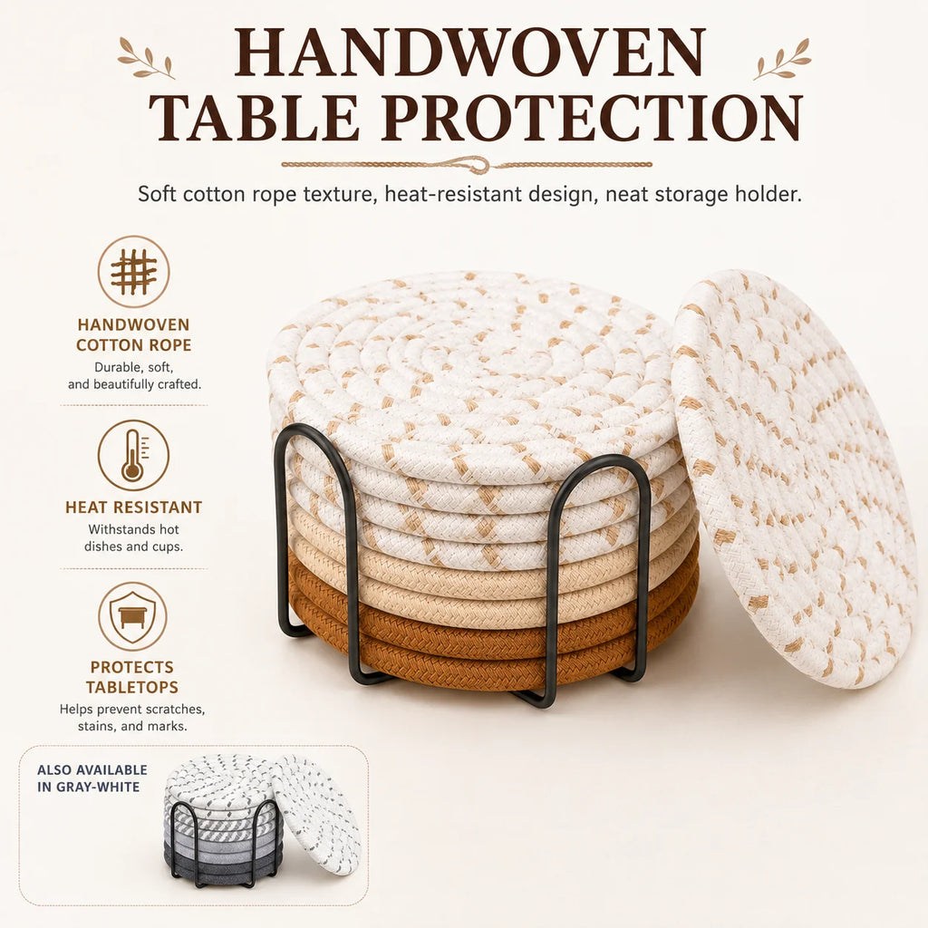 9-Pc Boho Cotton Woven Coasters Set with Holder – Absorbent Drink Coasters Set Axl