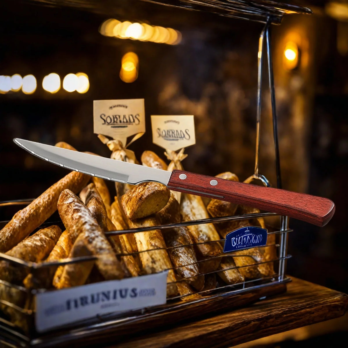 Serrated Steak Knife Set – Stainless Steel & Redwood Handle (1–12 Pc) Steak Knife Set Axl
