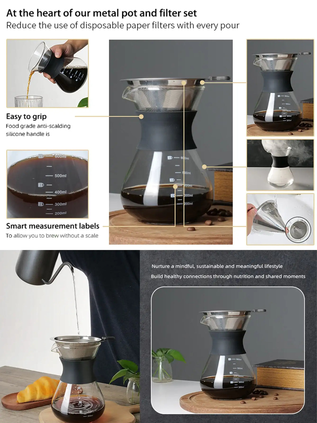 Pour Over Coffee Maker – Borosilicate Glass & Steel Filter Pour Over Coffee Maker Axl