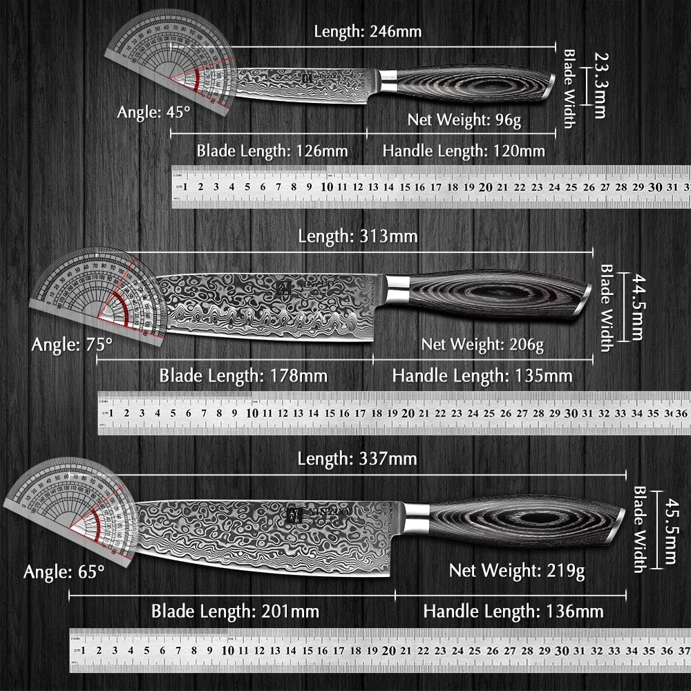 XINZUO 3-Piece Damascus Steel Knife Set – Chef, Santoku & Utility Damascus Knife Set Axl