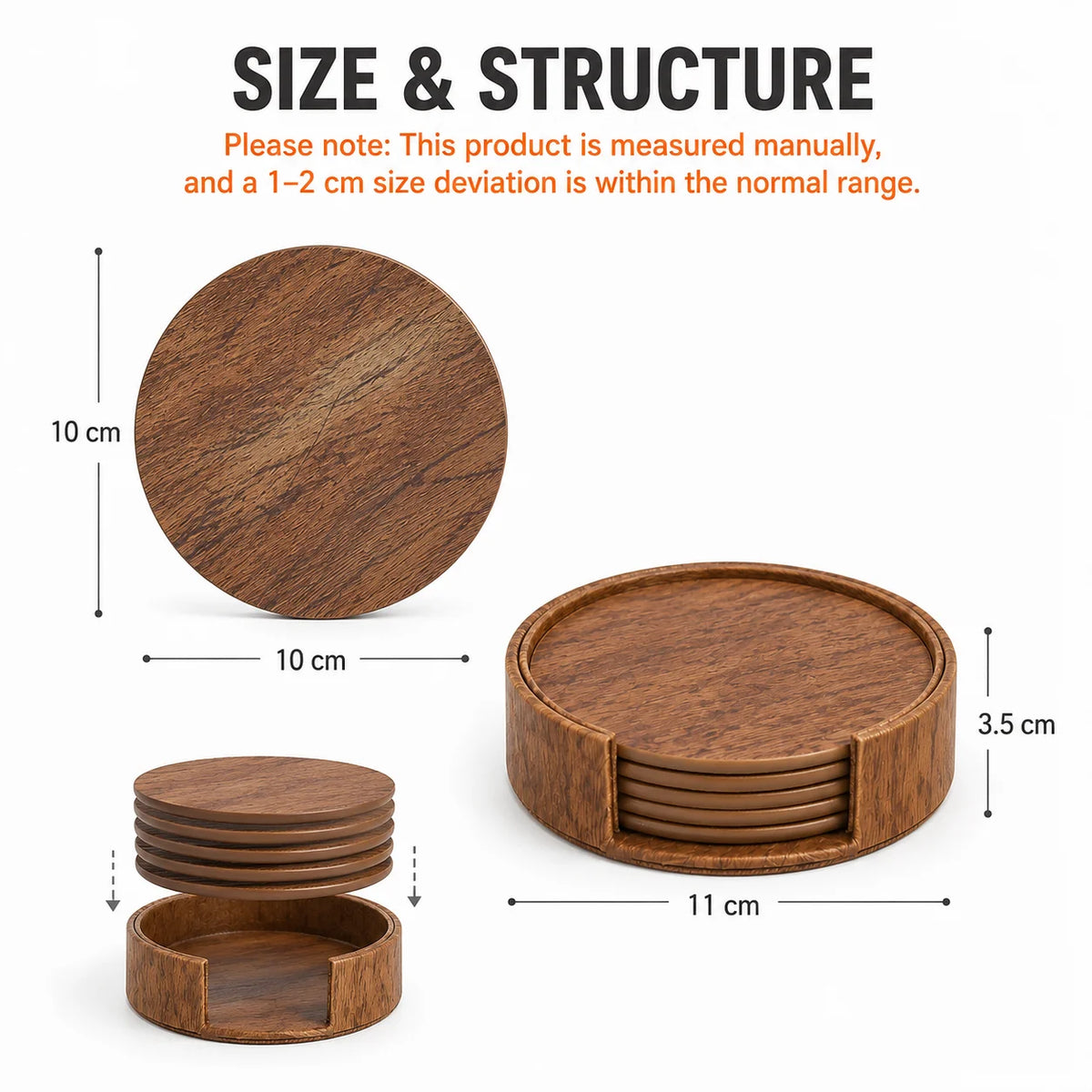 Leather Coasters Set of 6 – Wood Grain Drink Coasters with Holder Drink Coaster Set Axl
