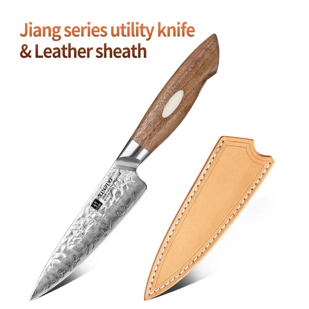 XINZUO 5" AUS10 Damascus Utility Knife – Walnut Handle Damascus Utility Knife Axl with Leather sheath China Mainland