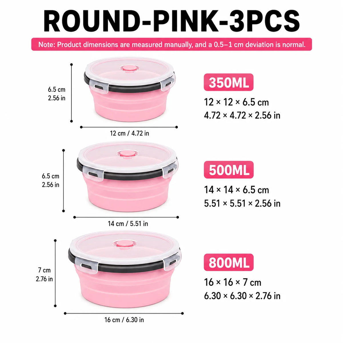 Uwhise 4-Pack Collapsible Silicone Food Containers | Leakproof Silicone Food Containers Axl Round-Pink-3Pcs