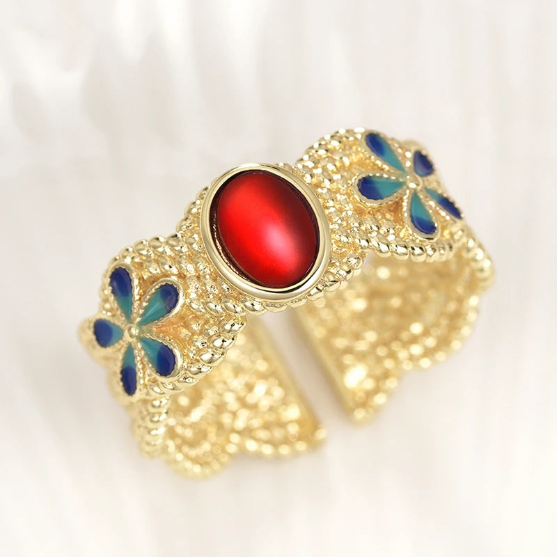 Huitan Gold Blue Flower Ring Red Stone – Women's Fashion Ring Fashion Ring Axl