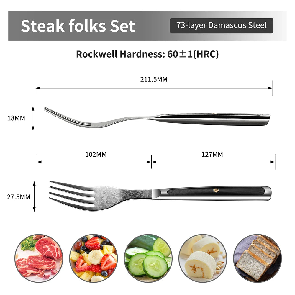 Sunnecko Damascus Steak Forks Set – VG10 Steel & G10 Handle Damascus Steak Fork Set Axl