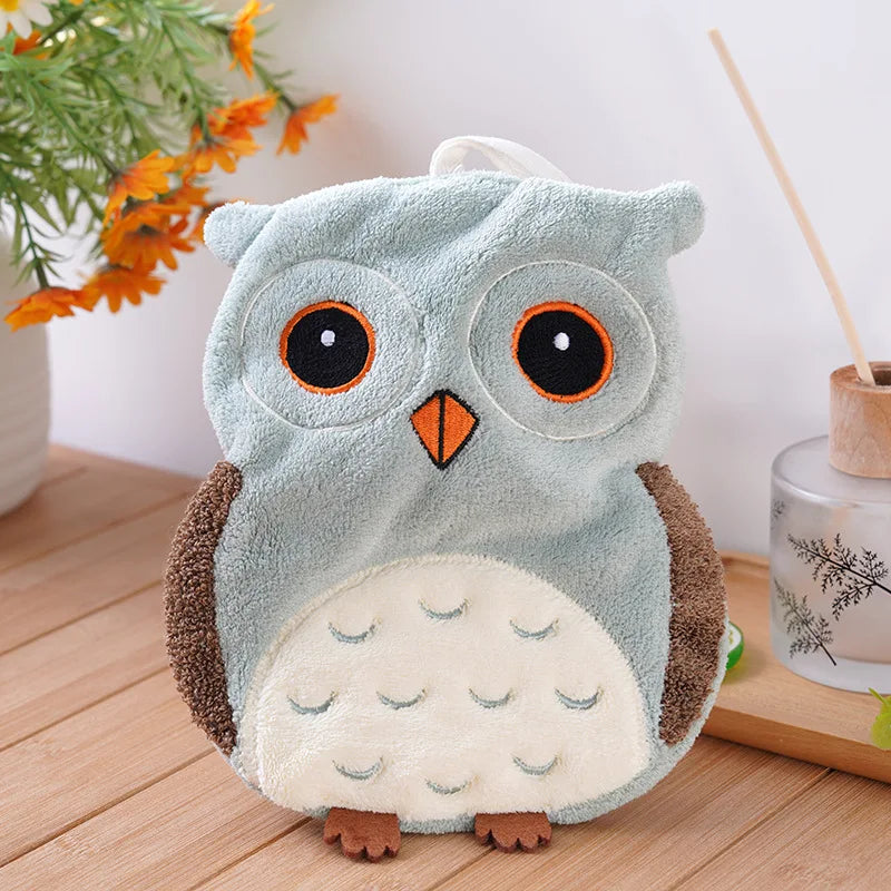 Owl Hanging Hand Towel – Ultra Soft Coral Fleece, Non-Shedding Hanging Hand Towel Axl Green -1pc