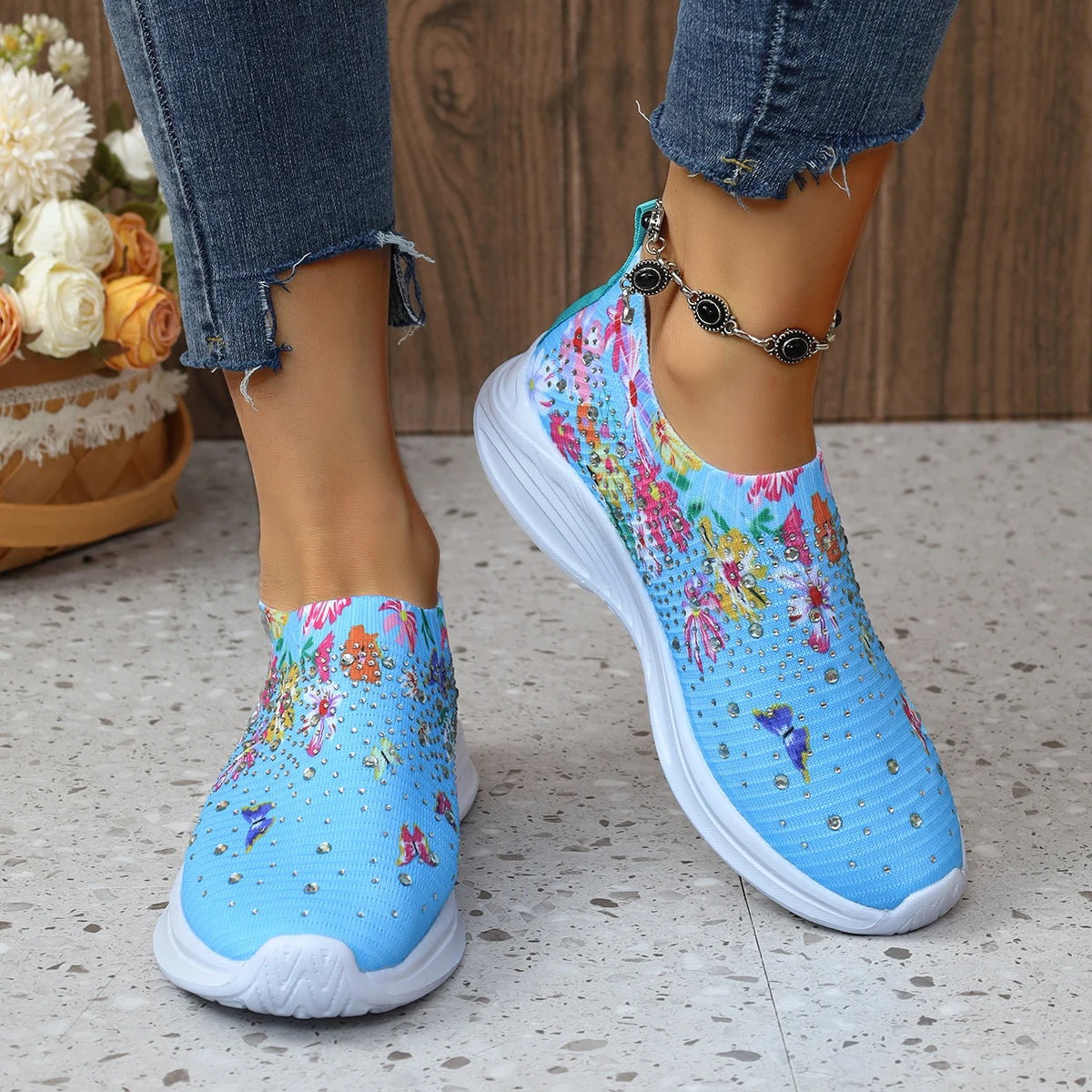 Flower Print Knitted Sneakers – Crystal Slip-On Women's Shoes Knitted Slip-On Sneakers Axl Blue 39