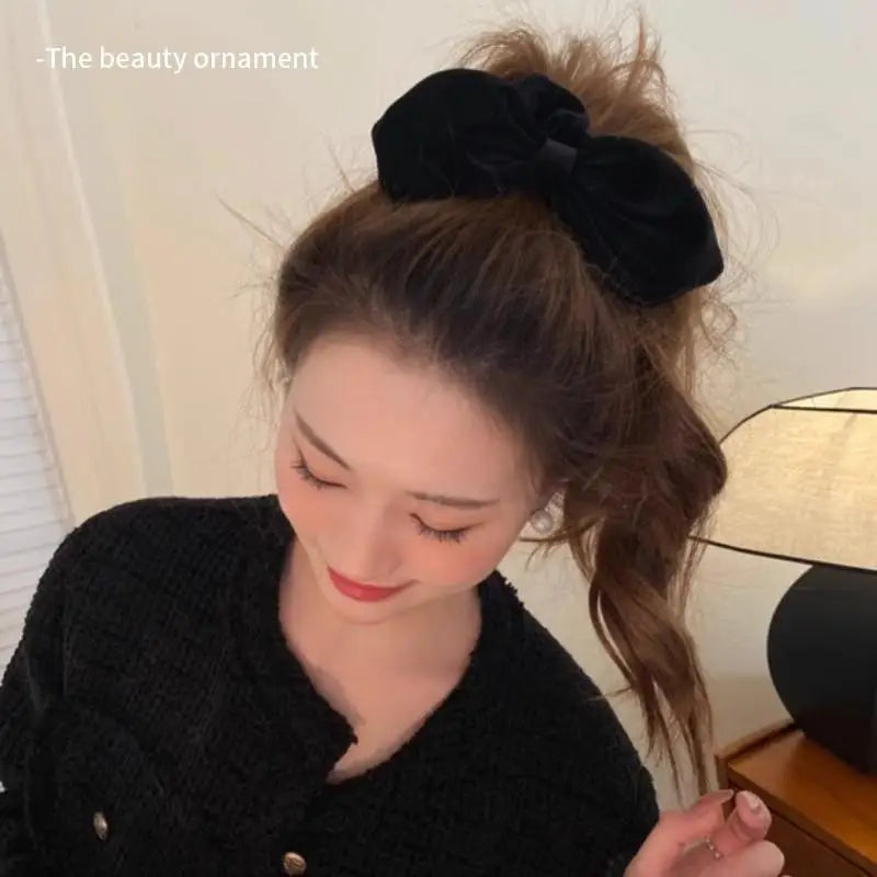 Vintage Black Velvet Bow Hair Scrunchie – Elegant Ponytail Tie Velvet Hair Scrunchie Axl