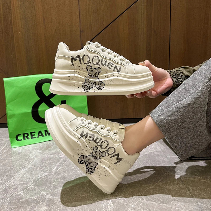 Women's White Platform Sneakers – PU Leather Lace-Up Flats Platform Sneakers Axl