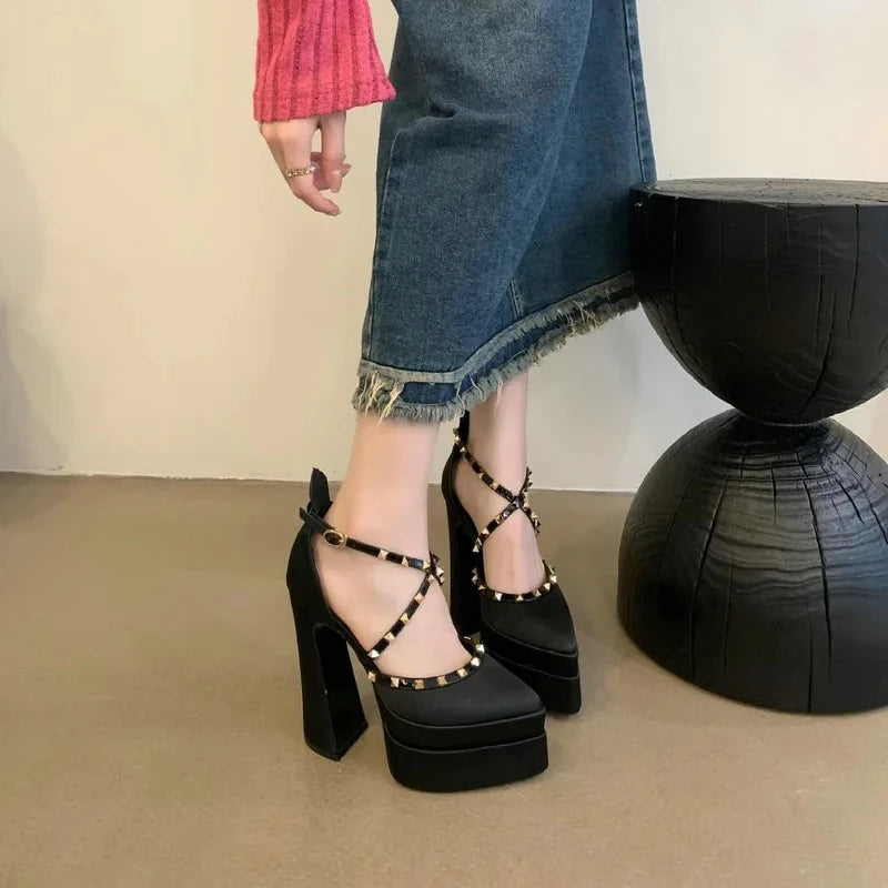 Women's Satin Rivet Platform Pumps | Pointed Toe High Heels Platform Heel Pumps Axl