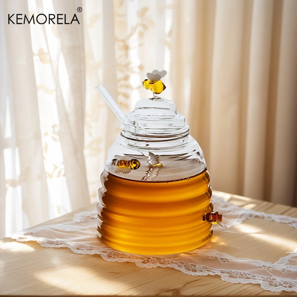 Glass Honeycomb Honey Jar with Dipper & Lid | KEMORELA Honey Storage Jar Axl